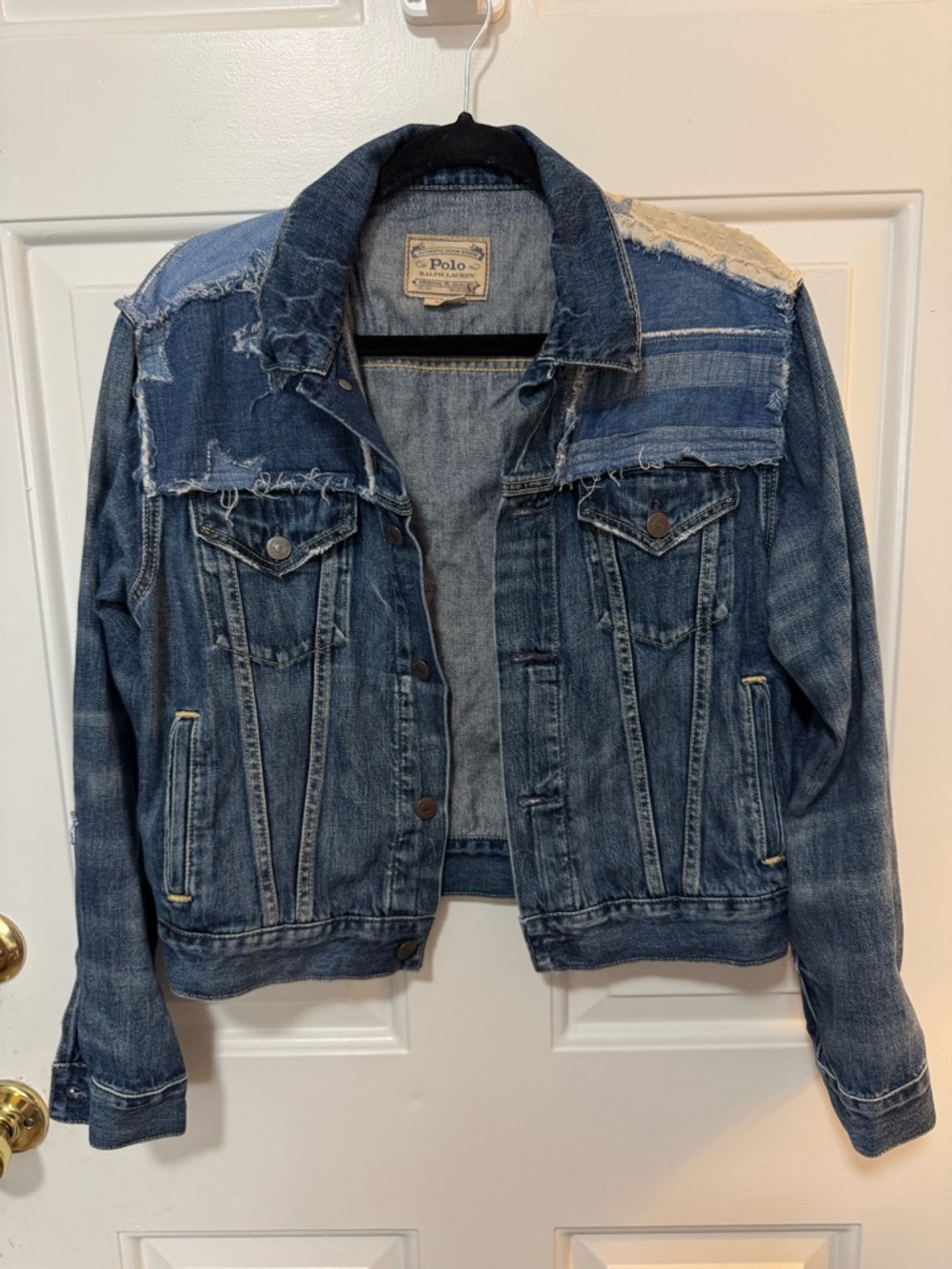Polo Ralph Lauren Denim Jacket Distress USA Flag Patchwork Women's Size Medium